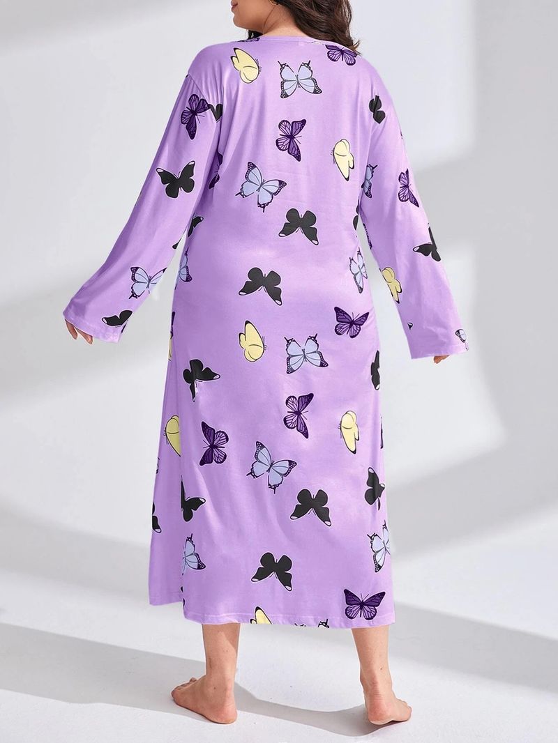Damenbekleidung Langärmliges Nachthemdkleid mit Schmetterlings- und Herz-Leopardenmuster, überschnittener Schulter, großer Größe_voghion.com
