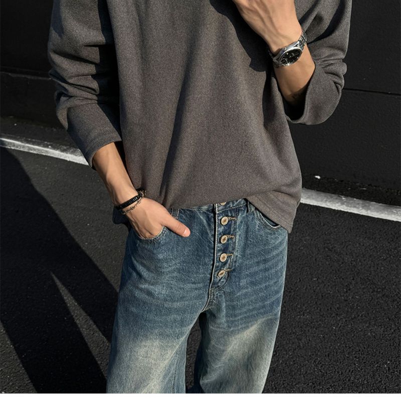 boy Boy Autumn Winter De Velvet V-Neck Sweatshirt Warm Inner Layer Base Shirt Long Sleeve T-Shirt Top Trendy Men's Cool Fashion_voghion.com