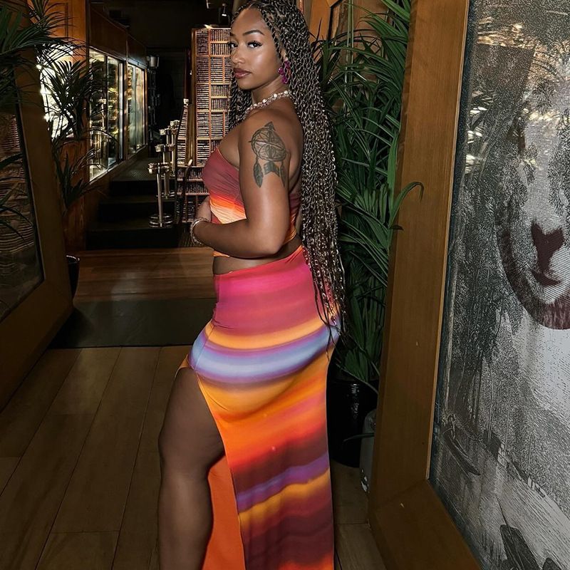 Women's Clothing Gradient Printing Sleeveless Sexy Tube Top Slim Hip Skirt Suit_voghion.com