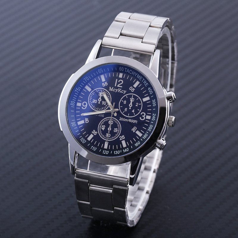 Barevné modré světlo sklo tři oči ocelový pásek quartz dárkové pánské hodinky_voghion.com
