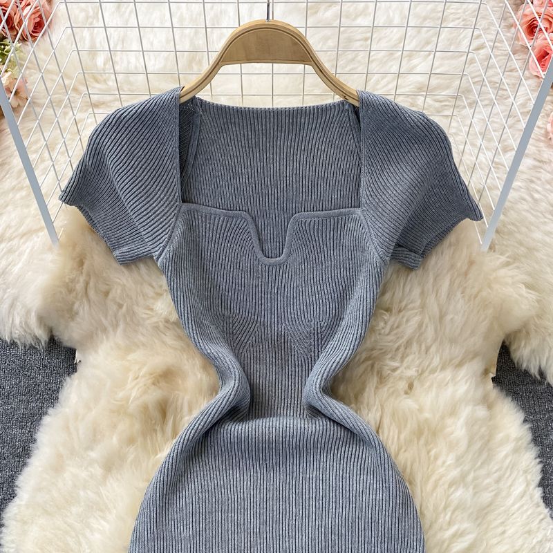 Abito da donna aderente, aderente, con colletto quadrato, in maglia, a maniche corte, elegante, sexy, stile Spice Girl, lungo_voghion.com