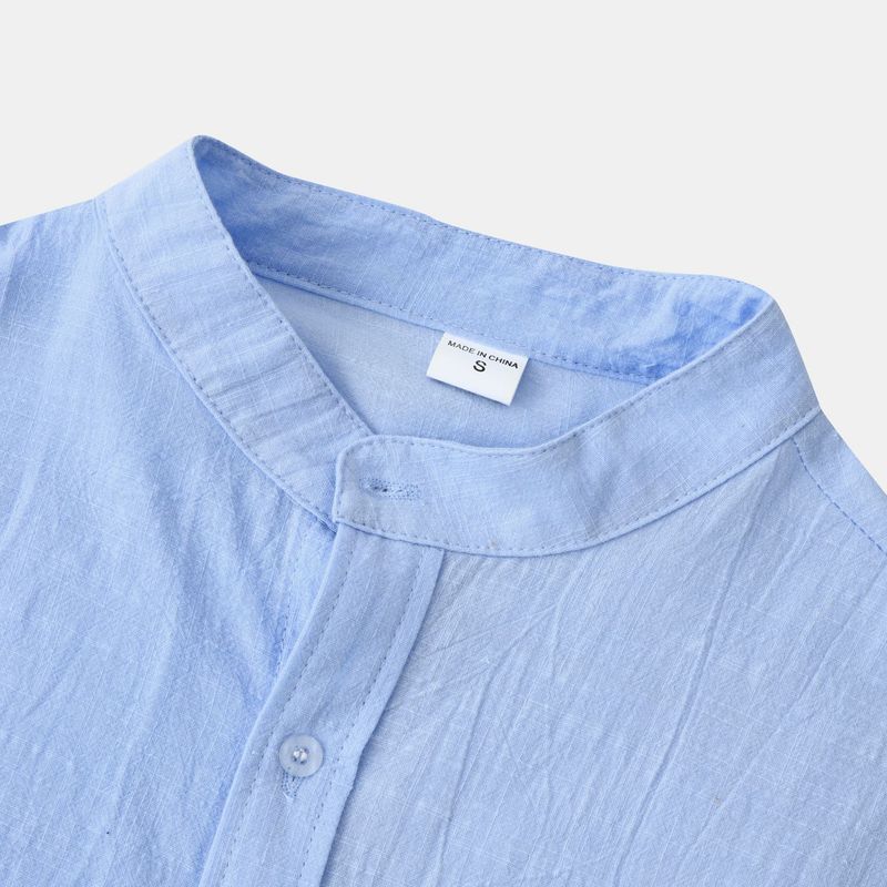 Camicia da uomo ampia a maniche lunghe in cardigan con colletto alla coreana in lino tinta unita_voghion.com