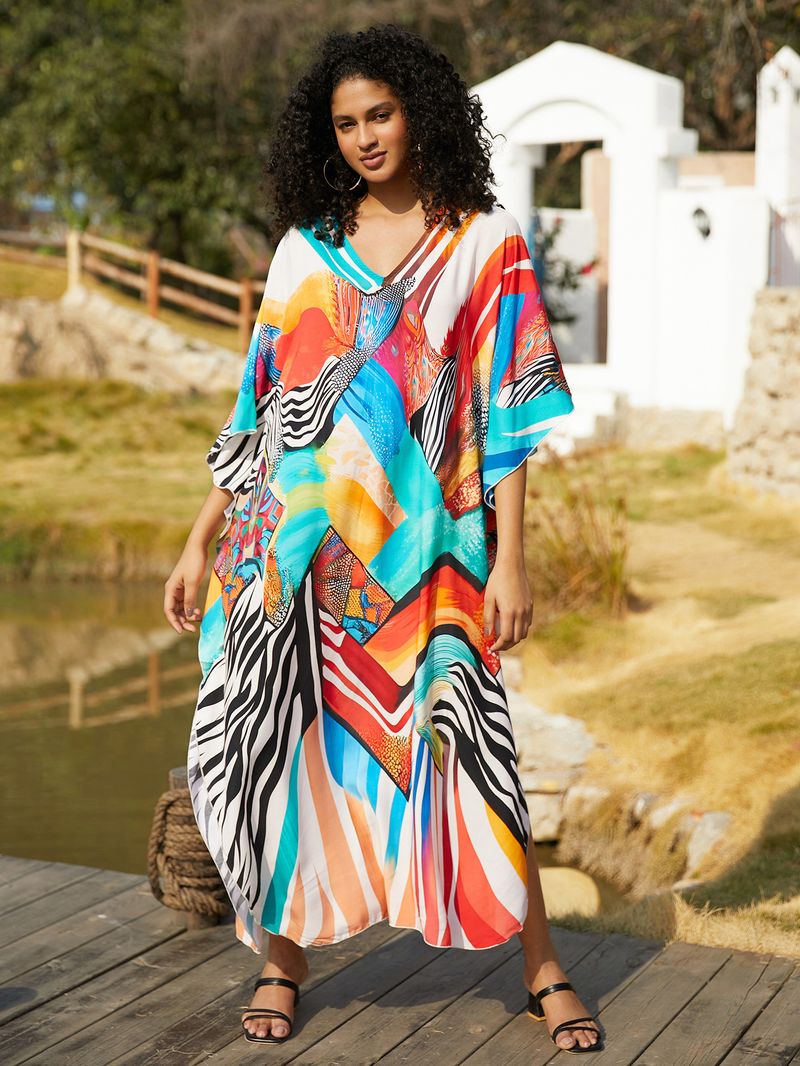 Sukienka maxi z nadrukiem w stylu boho, damska, narzutka z wiskozy – zwiewna tunika plażowa z etnicznymi wzorami, luźny krój w dużych rozmiarach, narzutka na bikini, strój na wakacje_voghion.com