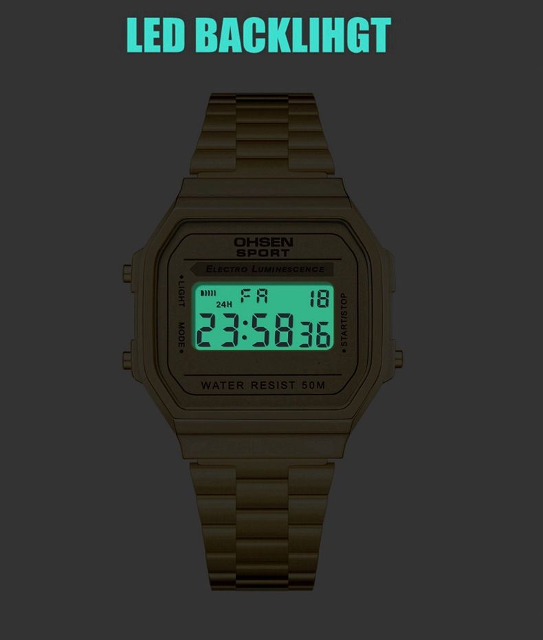 Women's Gold Stainless Steel Strap Electronic Alarm Clock Calendar Week Waterproof Watch_voghion.com