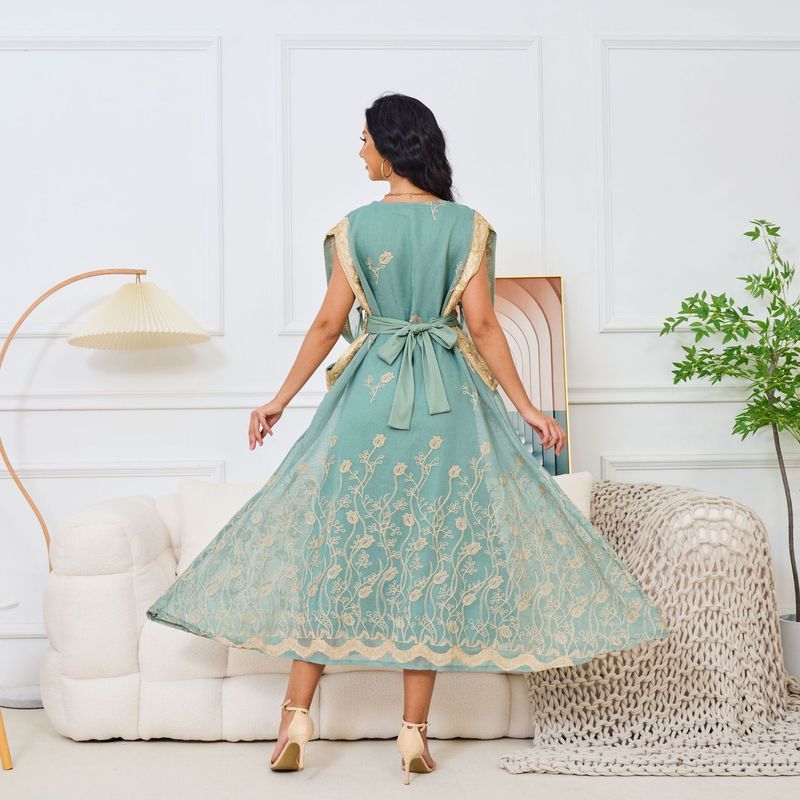 Mt113 Muslim Robe New Embroidered Mesh Large Swing Sleeveless Elegant Dress_voghion.com