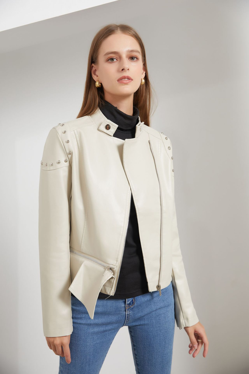 Giacca in pelle con rivetti da donna, nuova moda 2021, con colletto rialzato, tinta unita, primavera e autunno_voghion.com