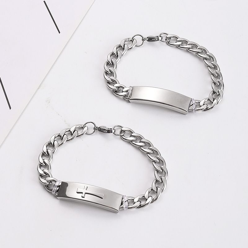 Bracciale cubano da uomo in acciaio inossidabile dritto, semplice, lucido, curvo, con etichetta personalizzabile, per coppia hip-hop_voghion.com
