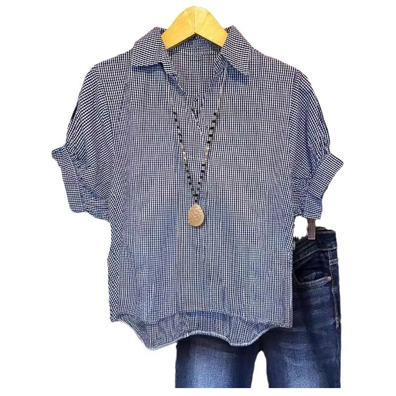 Camicia a maniche corte a tubino aperto a quadri da donna_voghion.com