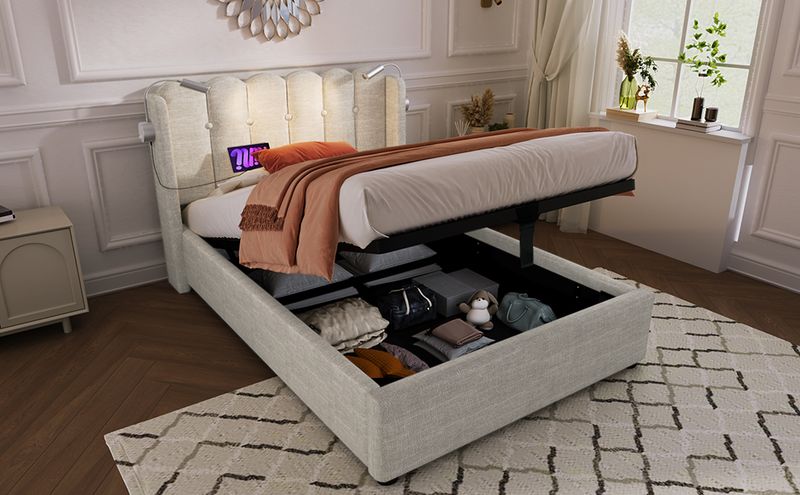Cadre de lit simple rembourré avec liseuse, fonction de charge, rangement pour la tête de lit, lit enfant en lin 90 x 200 cm avec sommier à lattes (matelas non inclus, coloris naturel)_voghion.com