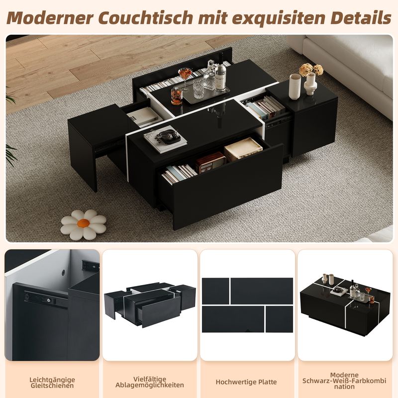 Table basse carrée noire moderne 100 x 60 x 40 cm, finition patchwork brillante, 4 tiroirs et plateau coulissant, supporte jusqu'à 30 kg._voghion.com