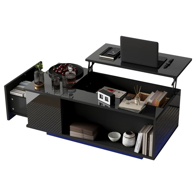Table basse réglable en hauteur 100 x 50 x 40 cm avec rangement dissimulé, éclairage LED, tiroir, table d'appoint de salon, noire_voghion.com