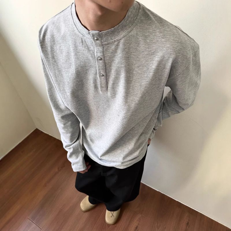 MADEEXTREME Langarm-T-Shirt mit Henley-Kragen für Männer und Frauen im Frühling, locker und vielseitig, einfarbige Basis_voghion.com