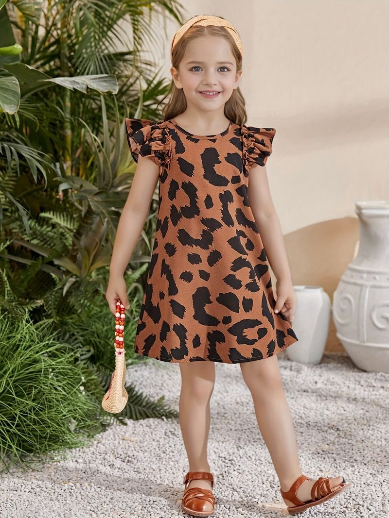 Kinderkleidung INS Frühlings- und Sommerkleider für Mädchen Modisches Leopardenmuster Kleine fliegende Ärmel Modische Kleider für Mädchen Sommerkleidung_voghion.com