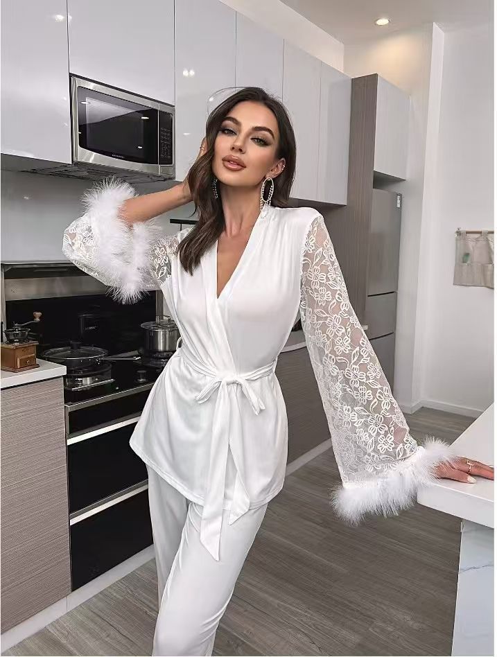 2025 New Style Patchwork V-Neck Pajama Robe Set For Home Wear, Can Be Worn Outside_voghion.com