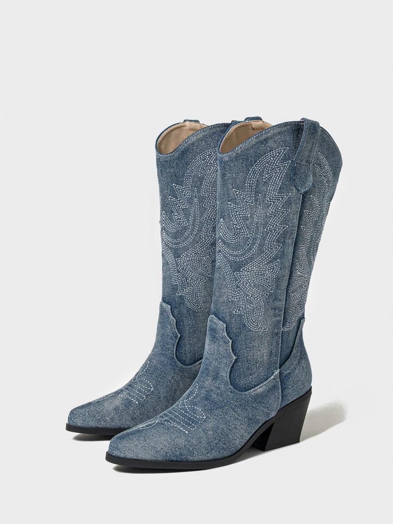 Stivali da cowboy retrò ricamati CMY con tacco spesso e punta, stivali da donna_voghion.com