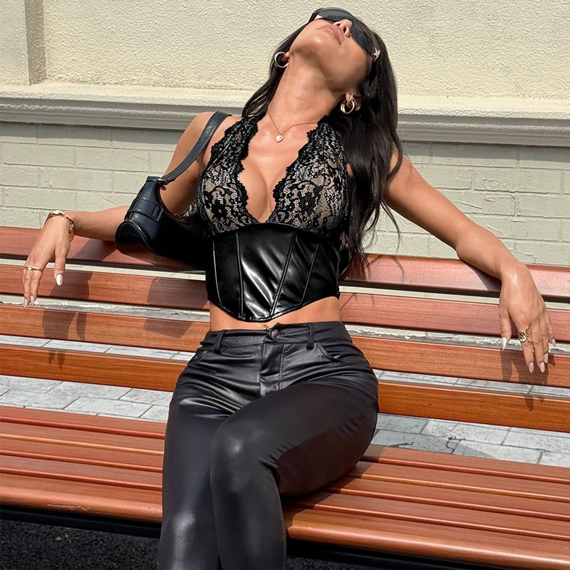 Sexy Hot Lace Splicing Skin Fish Bone Chop Buckle Trendy Neck Small Vest_voghion.com