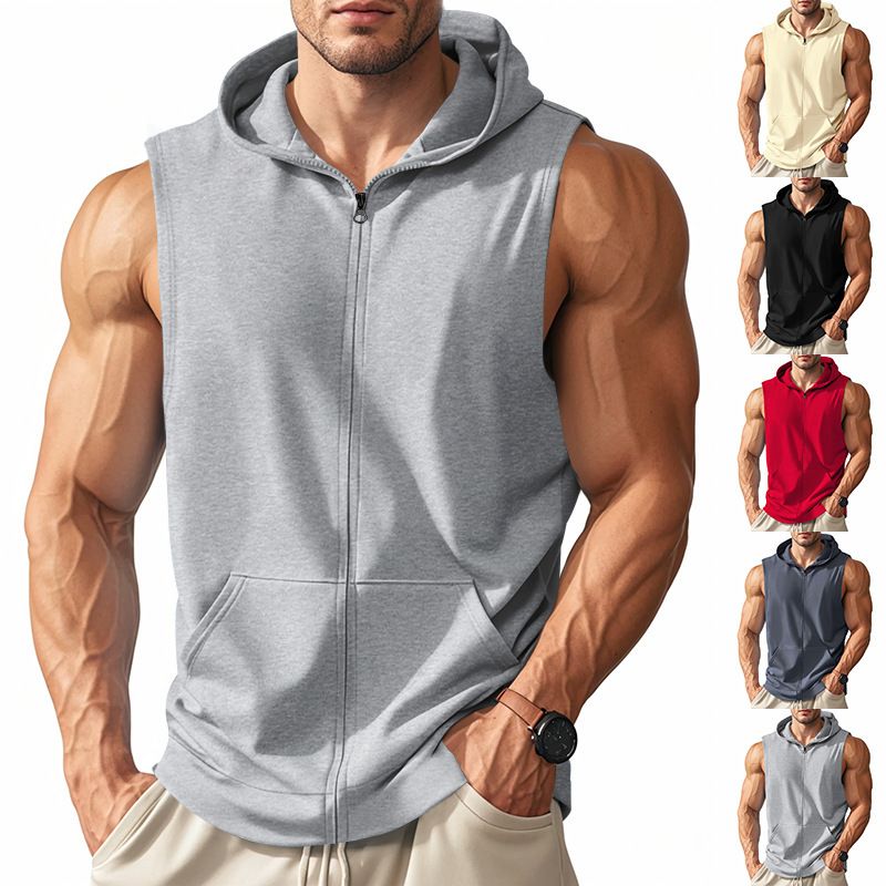 Herren Sommer Unterhemd mit Kapuze Sport Fitness Training Reißverschluss Strickjacke Ärmellose Weste Tops_voghion.com