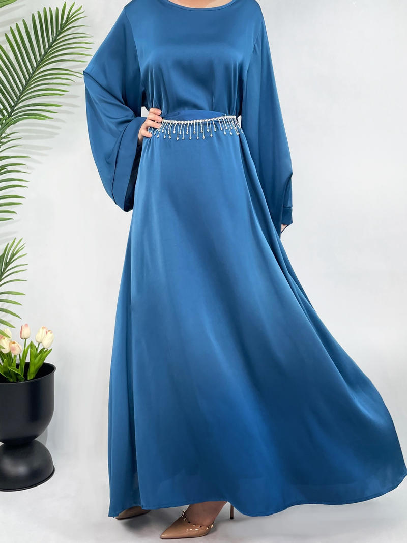 Dámské oblečení s kamínkovým páskem, dámské saténové šaty, elegantní a vznešené malajské šaty, abaya, velká velikost_voghion.com