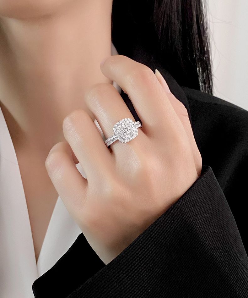 Anello quadrato grasso con diamante pieno e stella piena in argento sterling S925, gioielli di design di nicchia di fascia alta da donna_voghion.com