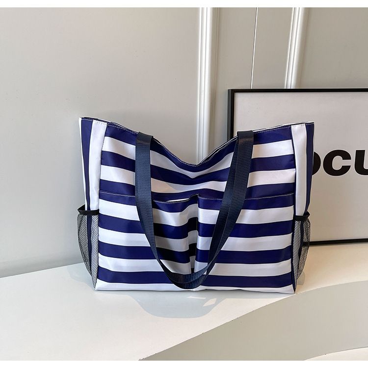 Beach 2024 summer shoulder artistic small fresh striped canvas tote bag large capacity handbag_voghion.com