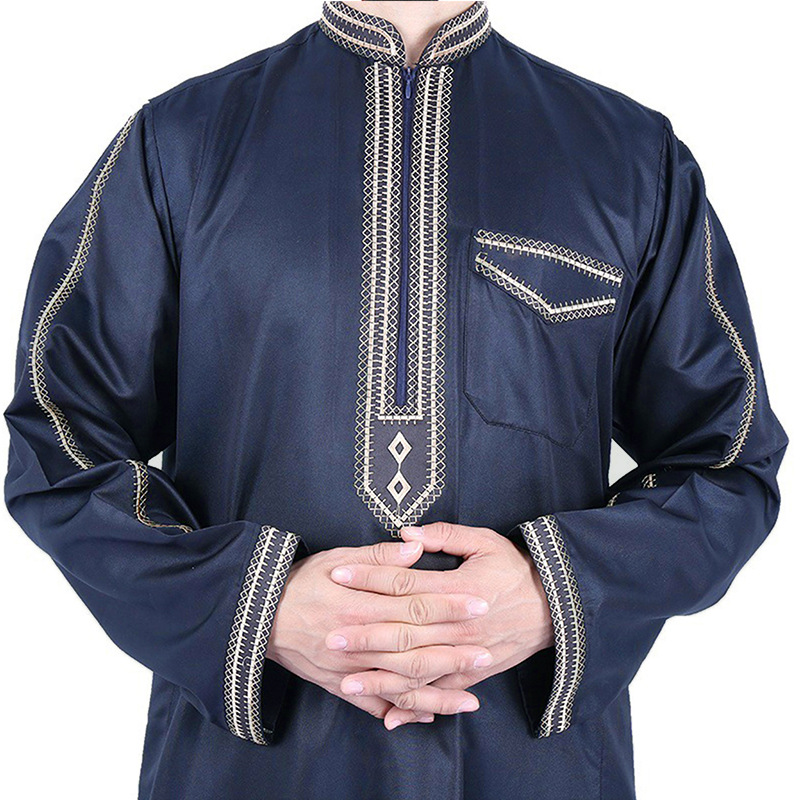 Bahar Stand Yaka Baskılı Erkek Giyim Etnik Stil Gevşek Uzun Tek Parça Müslüman Bornoz_voghion.com