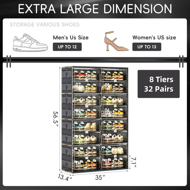 8 Tiers 32 Pairs Hard Plastic Shoe Storage Organizer Cabinet For Entryway, Large Stackable Collapsible Sneaker Shoe Box Organizer For Closet, Portable Folding Shoe Cabinet With Doors, Black_voghion.com