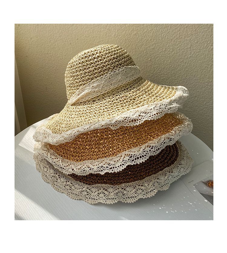 Damen Strohhut, trendiger koreanischer Stil, vielseitig, atmungsaktiv, Spitzenrand, hohl, Strand, Sonnenschutz_voghion.com