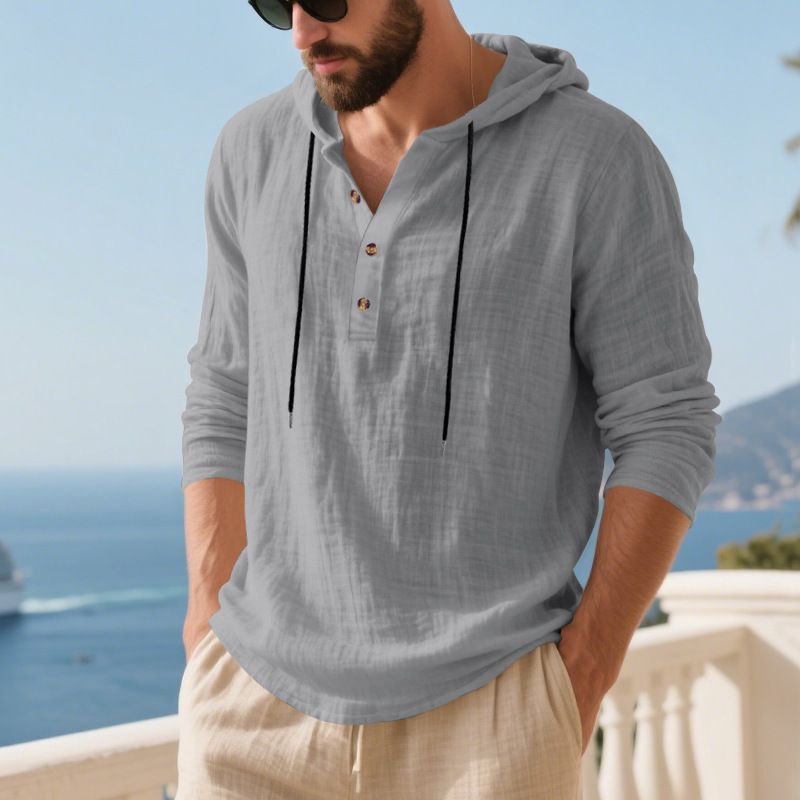 Herren-Kapuzenhemd aus Leinenmischung – Leichtes und atmungsaktives Langarm-Strandhemd (Schwarz/Grau/Armeegrün, lockere Passform, maschinenwaschbar)_voghion.com