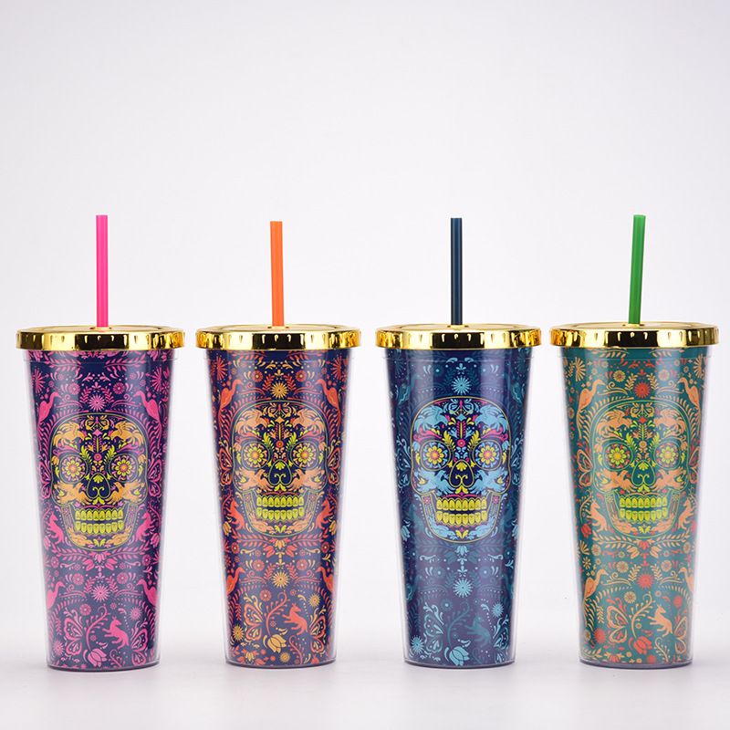 Double layer Plastic Cup Color Skull Halloween Party Water Cup Portable Creative Straw Cup_voghion.com