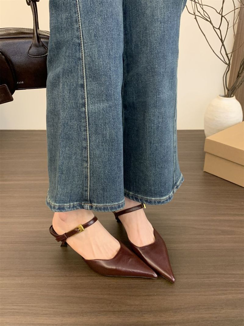 Empfohlen Schlanke Stilvolle Kappe Kappen, Halb Hausschuhe, Metall Schnallen, Gerade Riemen, Französisch Spitz High Heels,_voghion.com