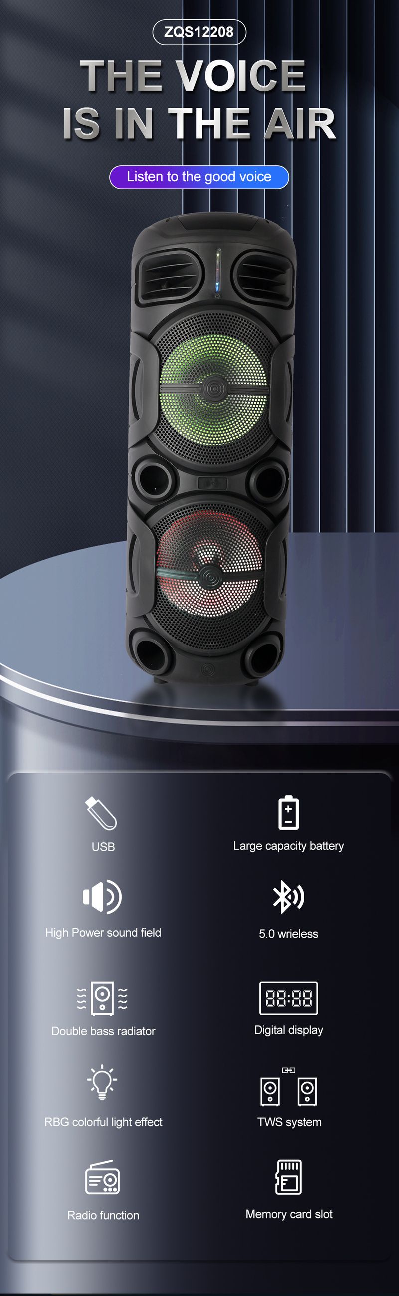Altavoz Bluetooth inalámbrico ZQS12208 con batería de larga duración para uso doméstico y exterior, con micrófono y karaoke._voghion.com