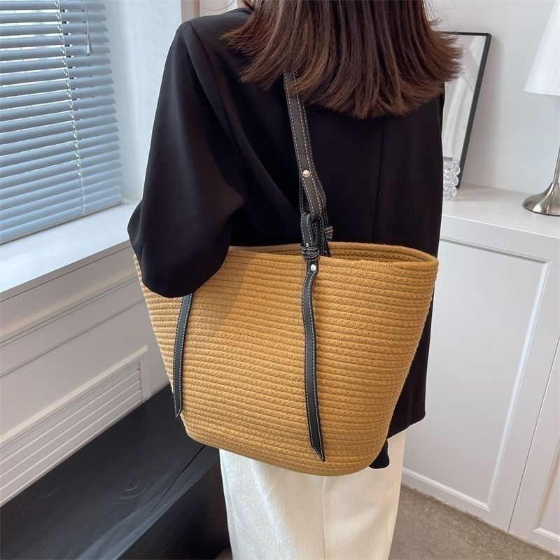 Cotton Rope Woven Bag Women's Large-capacity Bamboo Joint Portable Vegetable Basket Straw Woven Bag Fashionable Versatile Seaside Beach Vacation Bag_voghion.com