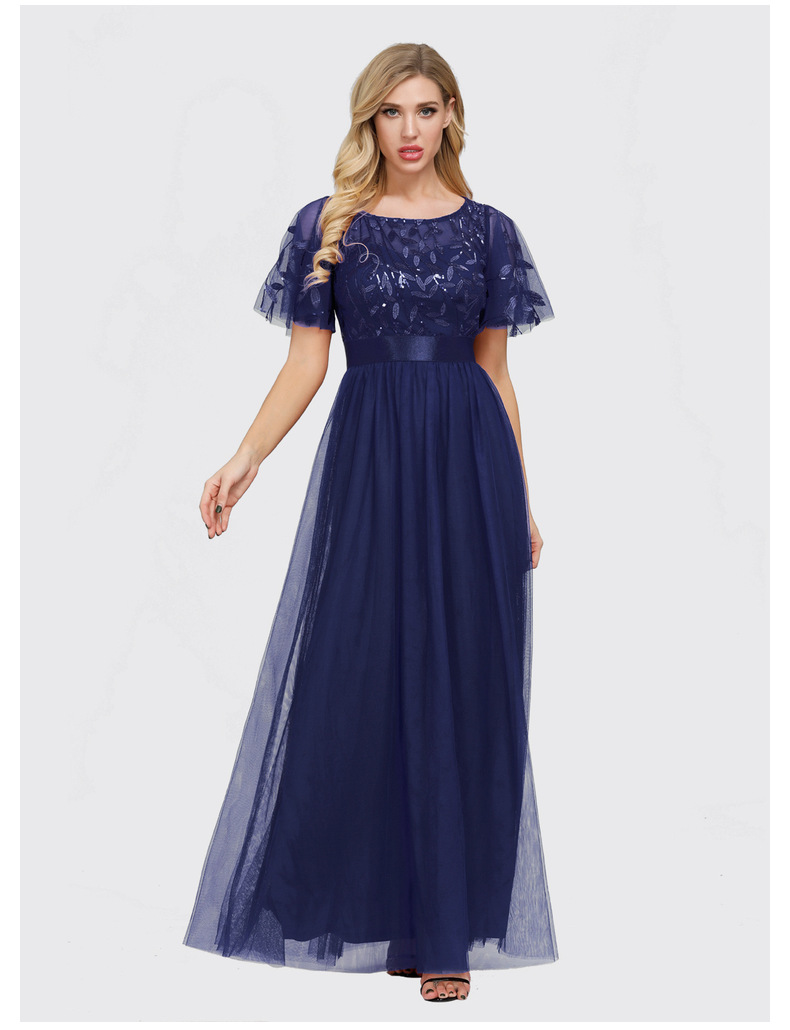 Women's 2023 quality spring and autumn cross-border elastic waist patchwork round neck party big A hem mesh evening dress for women_voghion.com