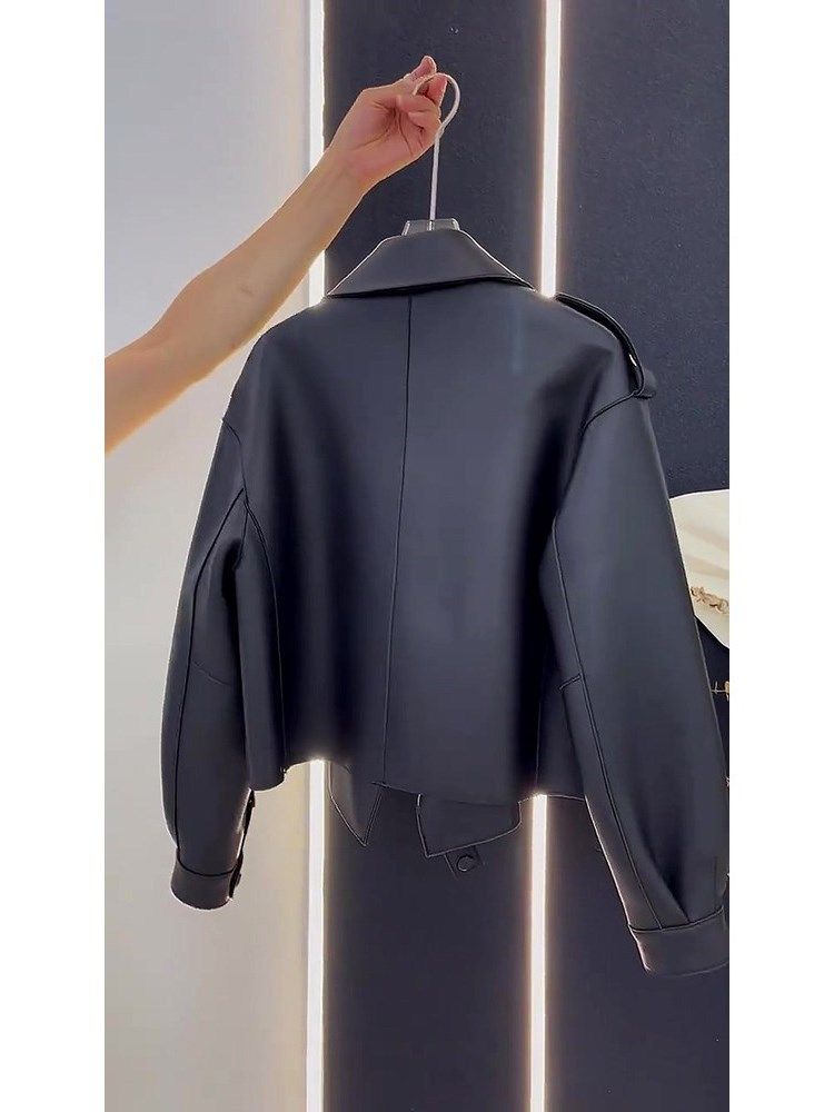 Giacca in pelle nera retrò ampia e comoda da donna, autunno e inverno, piccola giacca retrò_voghion.com