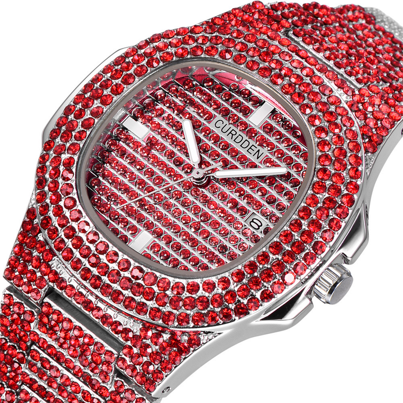 Orologio da uomo di lusso al quarzo con diamanti e data - Quadrante quadrato alla moda con cinturino in acciaio inossidabile, resistente all'acqua, funzione calendario (misure dalla 7 alla 11)_voghion.com
