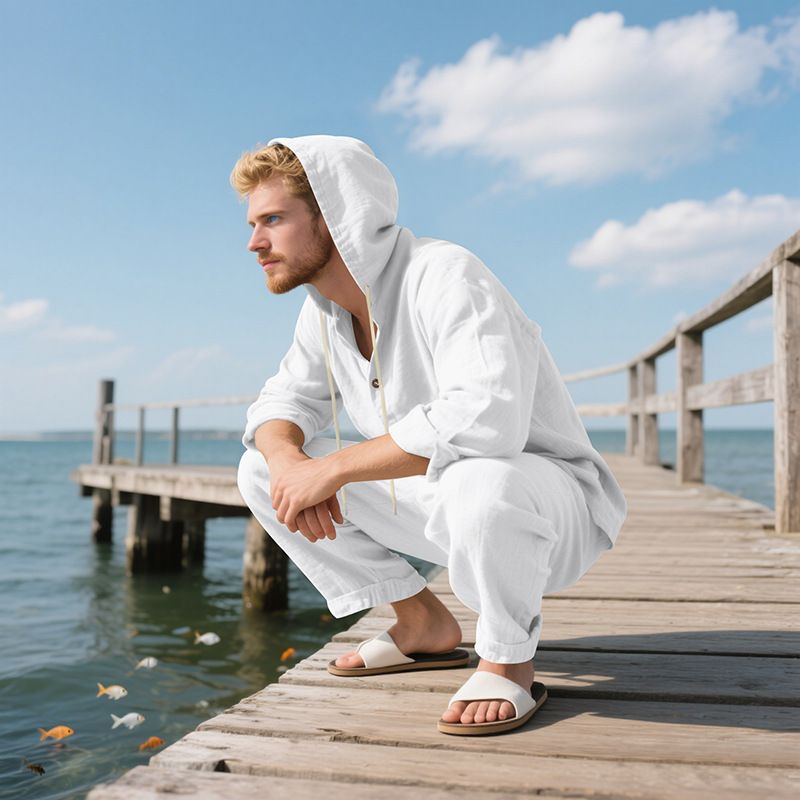 Camicia con cappuccio e pantaloni lunghi larghi in lino da uomo in stile americano, stile primaverile e autunnale, casual da spiaggia_voghion.com