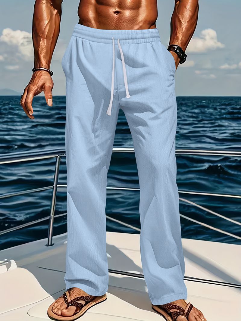 Pantaloni da uomo in lino, nuovi, larghi e comodi, traspiranti, alla moda, in tinta unita, casual, in cotone e lino._voghion.com