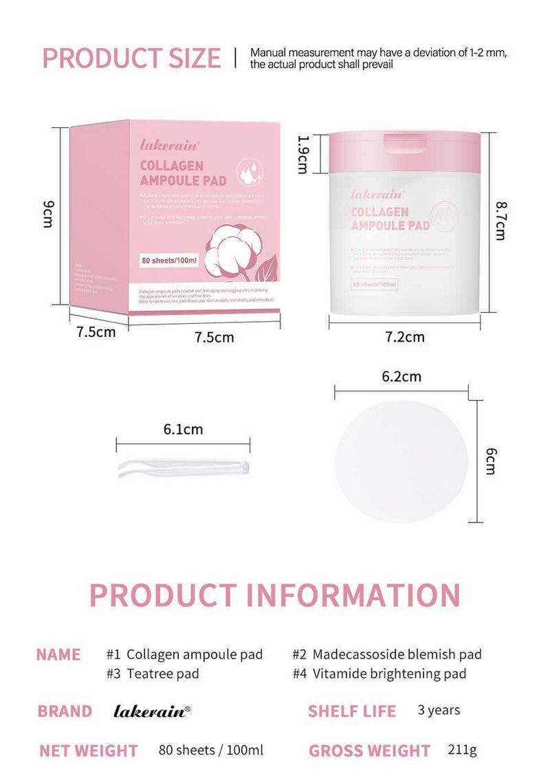 Lakerain Collagen & Madecassoside Facial Cotton Pads (100pcs) - Soothing Ampoule Pads For Acne & Hydration_voghion.com