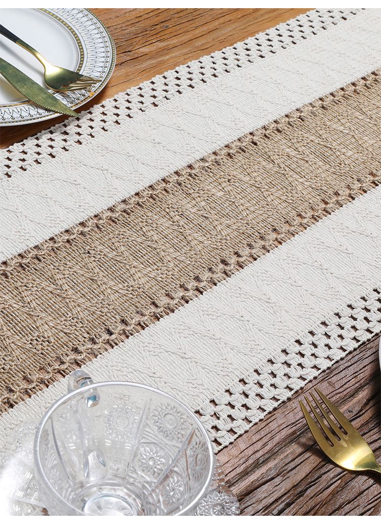 Two Color Woven Tassel American Cotton And Linen Table Runner Stitching Natural Material Table Mat Holiday Decoration Cover_voghion.com