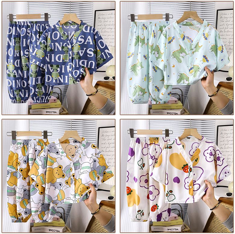 Conjuntos de ropa de hogar para niños de algodón y seda, pijamas de verano para niños y niñas, conjuntos de rayón de dos piezas, ropa de algodón y seda con aire acondicionado para niños._voghion.com