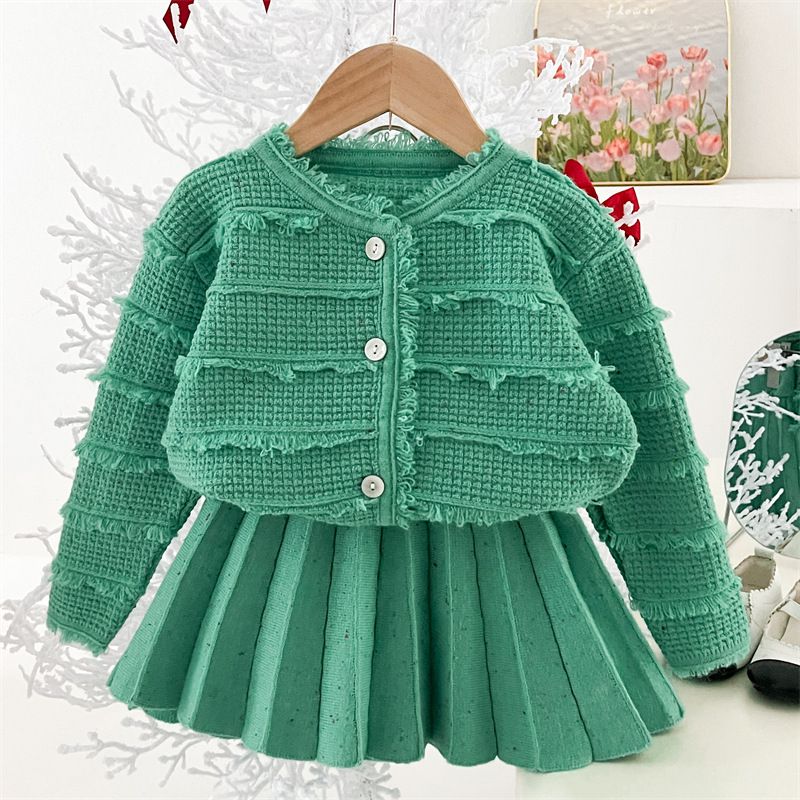 Completo gonna lavorato a maglia per ragazze in stile coreano, cardigan con maglione per bambine, due pezzi, completo gonna maglione ossigeno_voghion.com