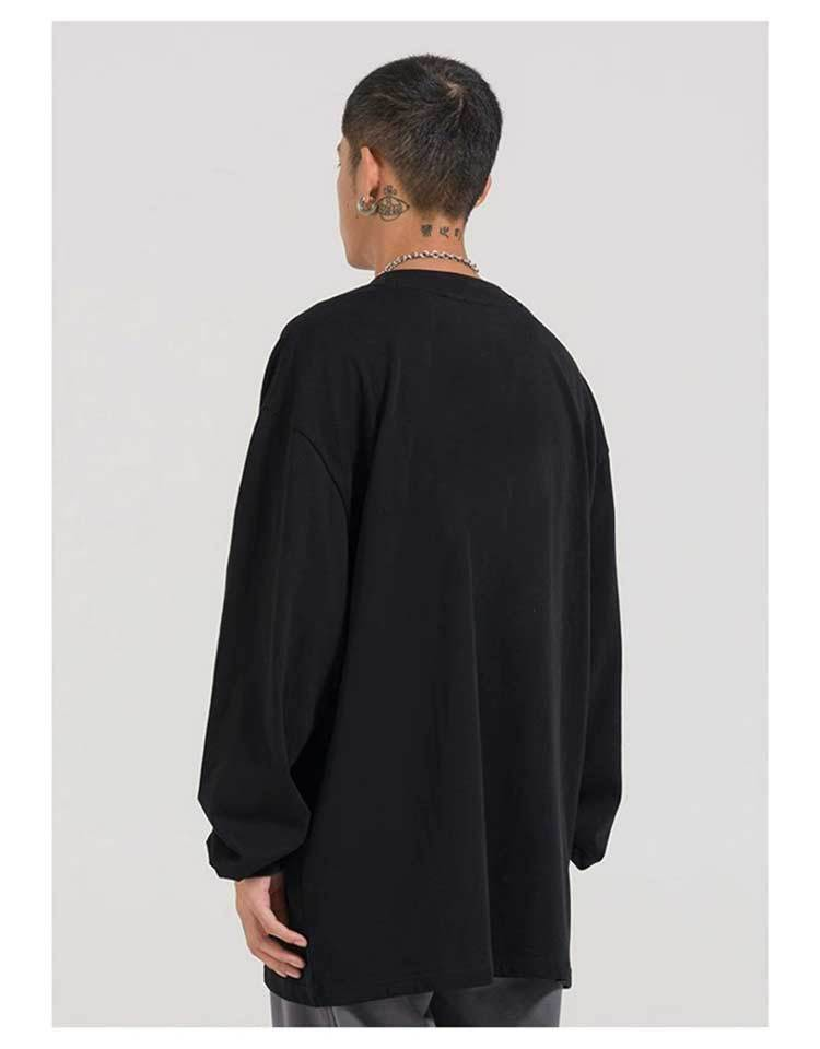 T-shirt a maniche lunghe del marchio di moda nazionale con design a fiamma STA da uomo per uomo e donna, coppia top in puro cotone pesante con scollo tondo_voghion.com