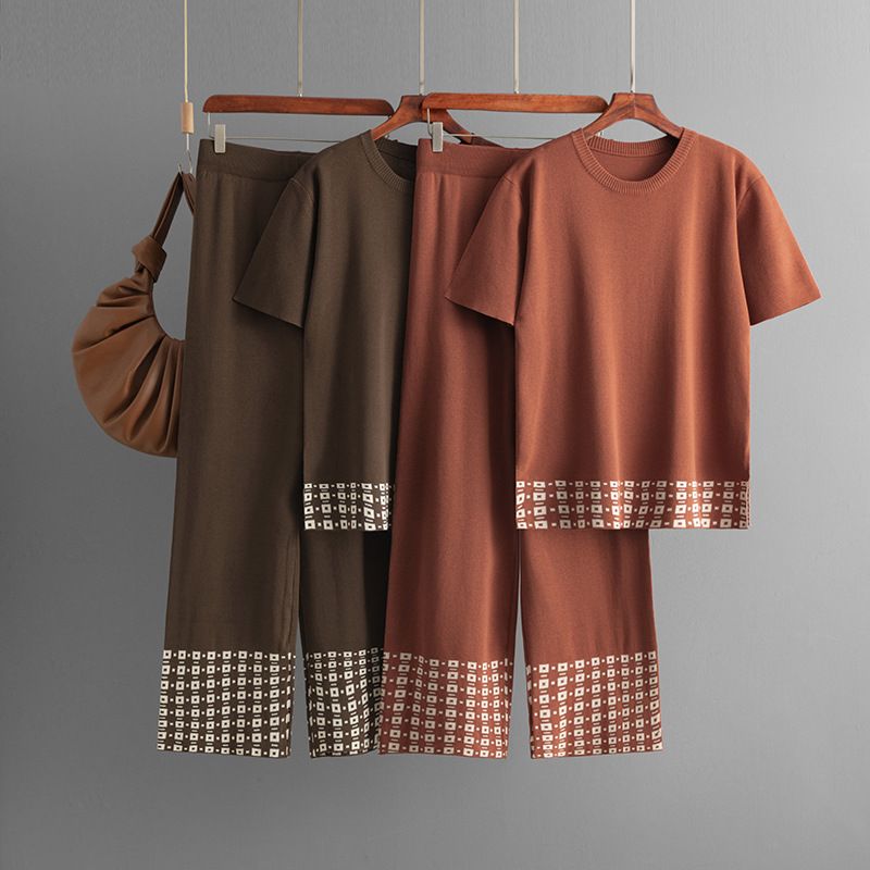 Frauen Kleidung sommer neue einfache mode rundhals einfarbig kurzarm top + hosen kontrast rand gestrickte zwei-stück set_voghion.com