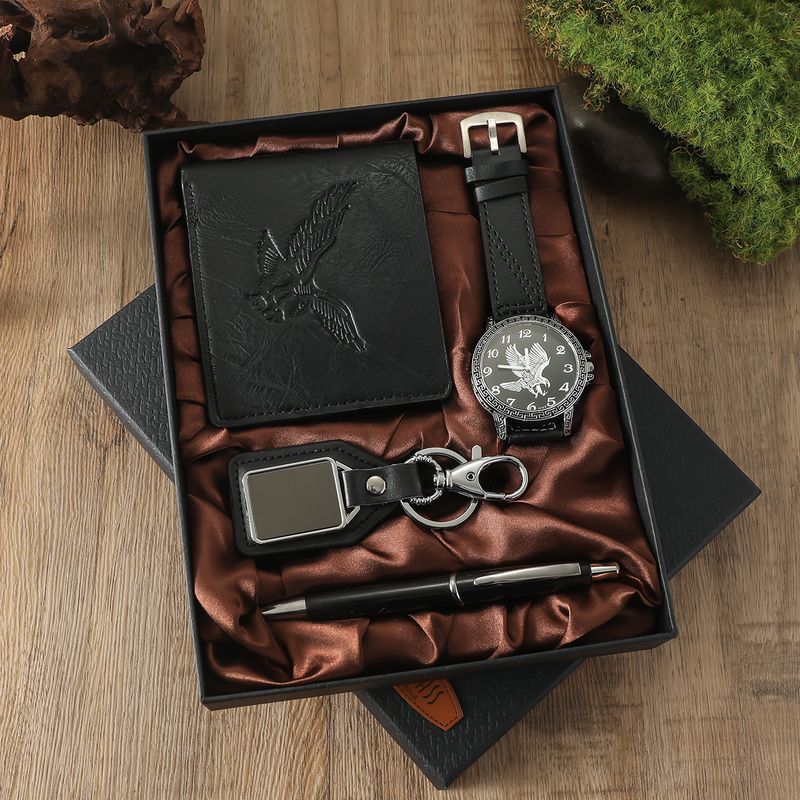 New Men's Black Leather Belt Large Dial Watch Eagle Wallet Keychain + Ballpoint Pen Gift Set_voghion.com