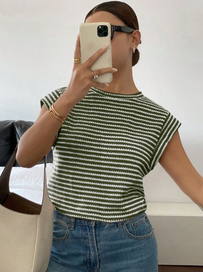 Europese en Amerikaanse grensoverschrijdende dameskleding Zomer Nieuwe gestreepte ronde hals mode trui Vleermuismouwen T-shirt Vrouwelijk_voghion.com