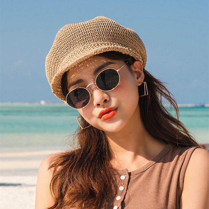 Chapéu de palha octogonal de verão, chapéu de pintor de bico de pato para praia, guarda-sol feminino, protetor solar, versão coreana fina, boina_voghion.com
