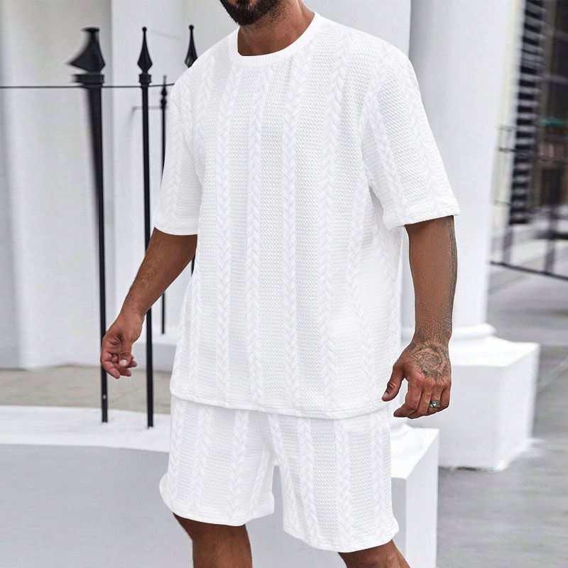 24 Strick-Set aus einfarbigem Jacquard, Sommer, lässig, Rundhalsausschnitt, Pullover, Kurzarm, Shorts, Sport-Set für Herren_voghion.com