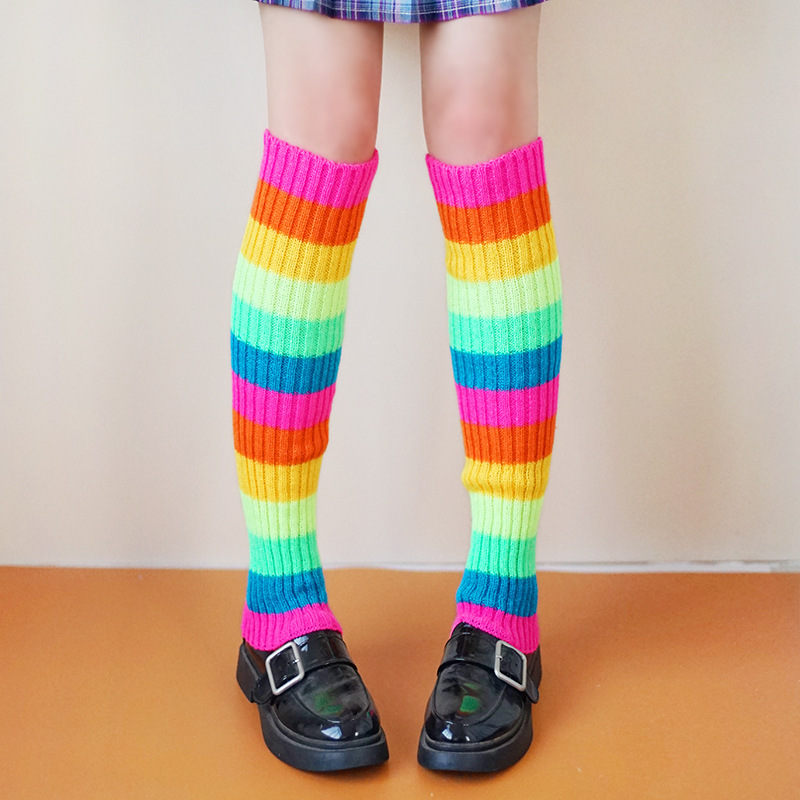 Scaldamuscoli colorati arcobaleno, nuovi, JK Girl, gonna corta, calzini in pile Lolita abbinati_voghion.com