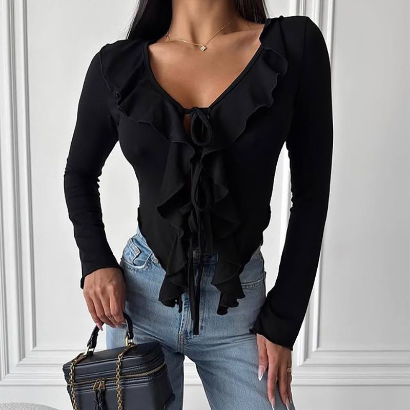 Damenbekleidung, Langarmbluse zum Binden vorne und Rüschensaum – Sexy V-Ausschnitt-Crop-Top für Damen, Slim Fit, Y2K-Ästhetik in Weiß und Schwarz_voghion.com