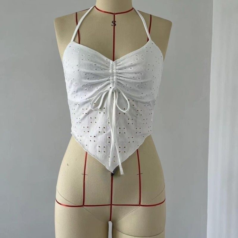 Top camisola irregular con cordón y cuello halter para mujer_voghion.com